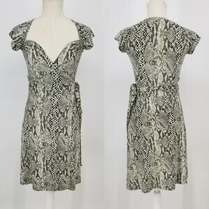 Norma Kamali Wrap Dress XS Snake Skin Sweetheart Neckline Cap Sleeve Green Cream